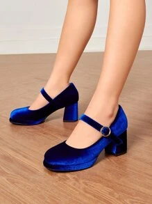 Minimalist Chunky Heeled Velvet Mary Jane Pumps - Blue - View 1