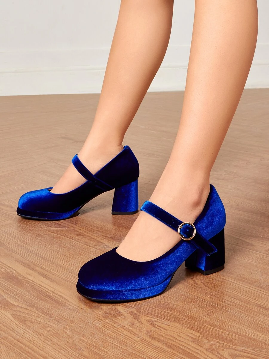 Minimalist Chunky Heeled Velvet Mary Jane Pumps - Blue - View 1