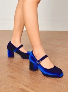 Minimalist Chunky Heeled Velvet Mary Jane Pumps - Blue - View 3