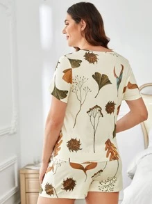 SHEIN Maternity Plant Print Adjustable Waist Nursing PJ Set - Beige - View 2