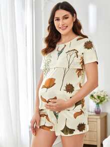 SHEIN Maternity Plant Print Adjustable Waist Nursing PJ Set - Beige - View 3