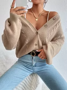 SHEIN Essnce Cable Knit Drop Shoulder Cardigan - Khaki - View 1