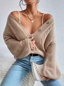 SHEIN Essnce Cable Knit Drop Shoulder Cardigan - Khaki - View 3