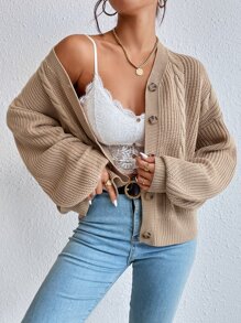 SHEIN Essnce Cable Knit Drop Shoulder Cardigan - Khaki - View 4