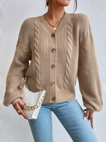 SHEIN Essnce Cable Knit Drop Shoulder Cardigan - Khaki - View 5