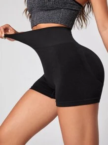 Yoga Basic Solid Wideband Waist Sports Shorts - Black - View 1