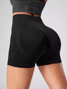 Yoga Basic Solid Wideband Waist Sports Shorts - Black - View 2