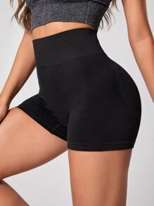 Yoga Basic Solid Wideband Waist Sports Shorts - Black - View 3