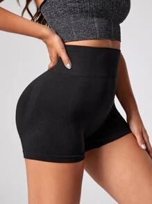 Yoga Basic Solid Wideband Waist Sports Shorts - Black - View 4