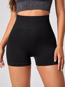 Yoga Basic Solid Wideband Waist Sports Shorts - Black - View 6