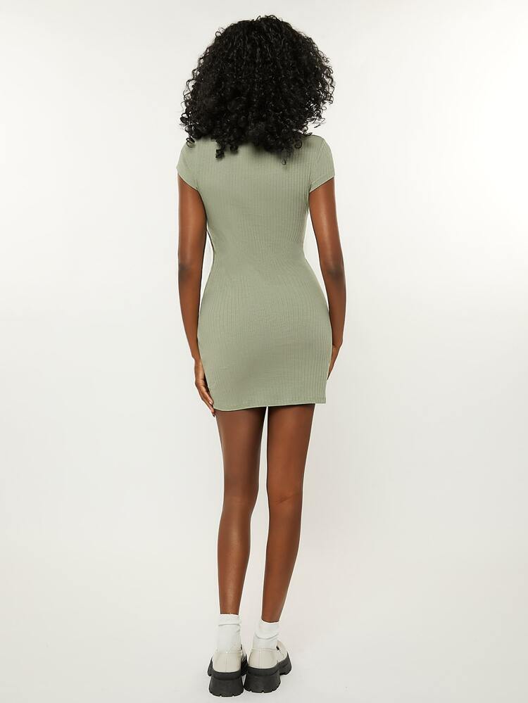 SHEIN BASICS Solid Rib-Knit Round Neck Short Sleeve Bodycon Dress - Mint Green - View 2