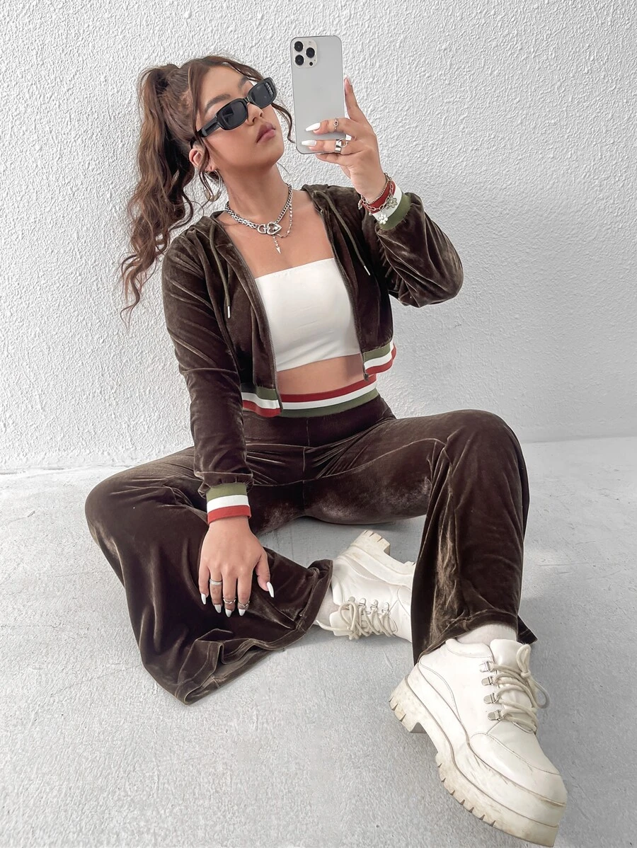 SHEIN X The Future X SHEIN EZwear Plus Striped Trim Crop Velvet Jacket & Flare Leg Pants