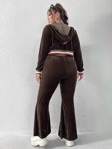 SHEIN X The Future X SHEIN EZwear Plus Striped Trim Crop Velvet Jacket & Flare Leg Pants