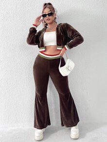 SHEIN X The Future X SHEIN EZwear Plus Striped Trim Crop Velvet Jacket & Flare Leg Pants