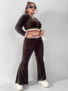 SHEIN X The Future X SHEIN EZwear Plus Striped Trim Crop Velvet Jacket & Flare Leg Pants