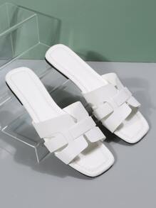 女士剪裁設計單帶露趾優雅素色戶外平底涼鞋 - 白色 - 查看 1