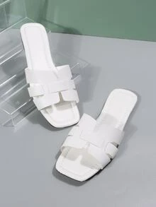 女士剪裁設計單帶露趾優雅素色戶外平底涼鞋 - 白色 - 查看 2