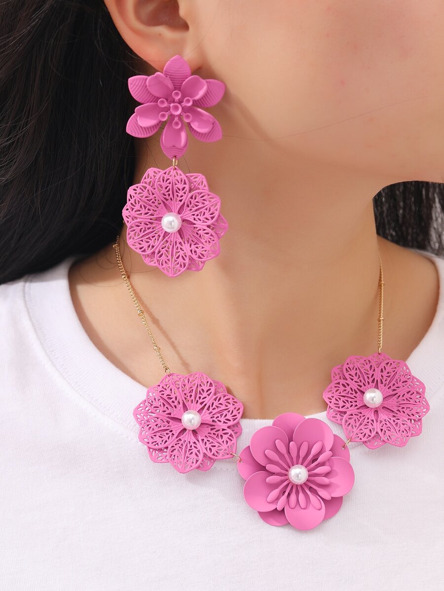 3入組花和人造珍珠裝飾首飾套裝 - 粉色 - 查看 1