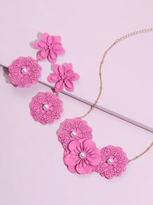 3入組花和人造珍珠裝飾首飾套裝 - 粉色 - 查看 2