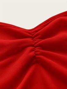 SHEIN ICON Ruched Tie Backless Hanky Hem Mesh Halter Top - Red - View 3