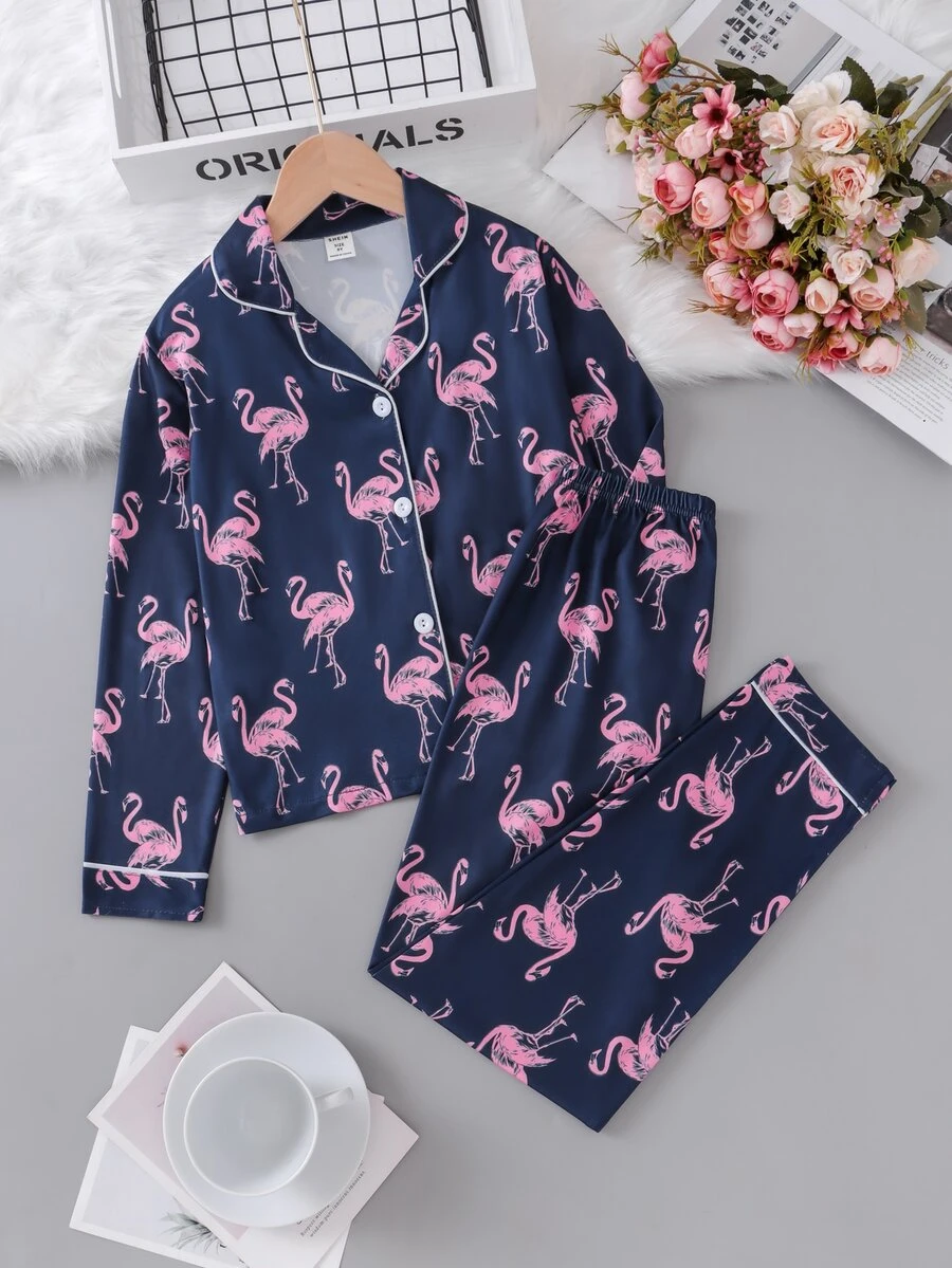 Girls Flamingo Print Contrast Piping PJ Set - Navy Blue - View 1