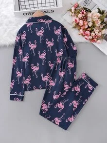 Girls Flamingo Print Contrast Piping PJ Set - Navy Blue - View 2