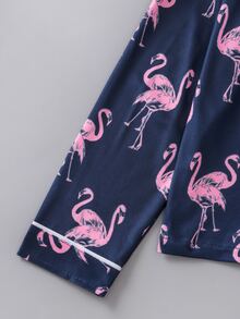 Girls Flamingo Print Contrast Piping PJ Set - Navy Blue - View 3