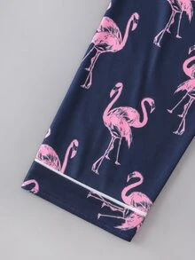 Girls Flamingo Print Contrast Piping PJ Set - Navy Blue - View 4