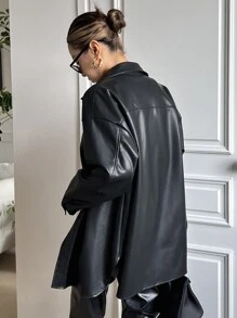 DAZY Drop Shoulder PU Coat Women Jacket,Fall Women Clothes - Black - View 2