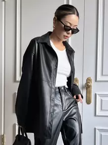 DAZY Drop Shoulder PU Coat Women Jacket,Fall Women Clothes - Black - View 3