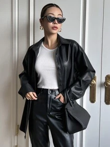 DAZY Drop Shoulder PU Coat Women Jacket,Fall Women Clothes - Black - View 4