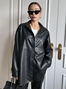 DAZY Drop Shoulder PU Coat Women Jacket,Fall Women Clothes - Black - View 5