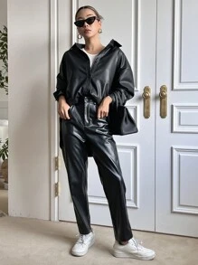 DAZY Drop Shoulder PU Coat Women Jacket,Fall Women Clothes - Black - View 6