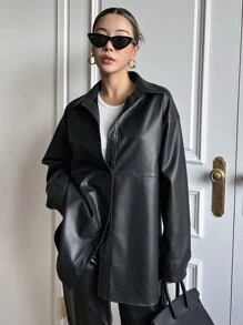 DAZY Drop Shoulder PU Coat Women Jacket,Fall Women Clothes - Black - View 8