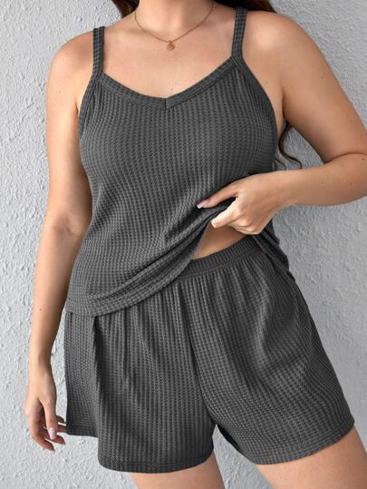 大碼素色華夫格編織睡衣套裝