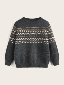 SHEIN Toddler Boys Chevron & Geo Pattern Jumper - Dark Grey - View 1