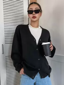 DAZY Nữ Cardigans Thắt lưng Nút phía trước màu trơn Giải trí - màu đen - Xem 1