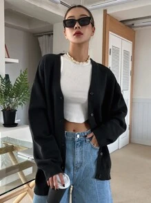 DAZY Nữ Cardigans Thắt lưng Nút phía trước màu trơn Giải trí - màu đen - Xem 3