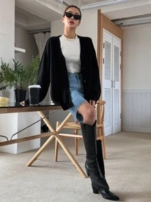 DAZY Nữ Cardigans Thắt lưng Nút phía trước màu trơn Giải trí - màu đen - Xem 4