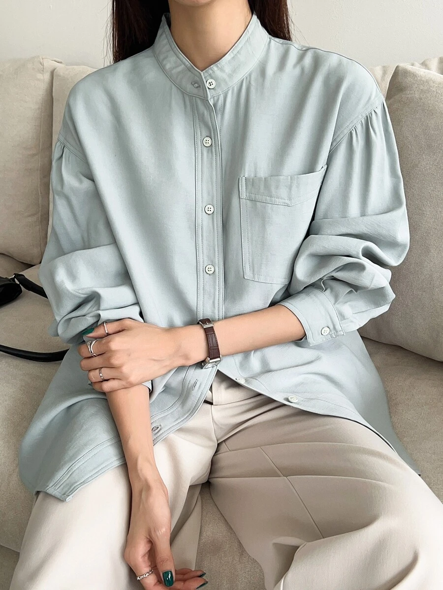 DAZY Drop Shoulder Pocket Patched Shirt - Mint Green - View 1