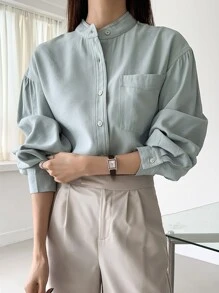 DAZY Drop Shoulder Pocket Patched Shirt - Mint Green - View 8