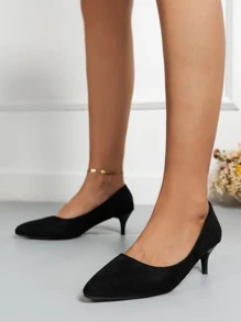 Minimalist Point Toe Heeled Suedette Court Pumps, Black Elegant Pu Leather Solid Color Women's High Heels - Black - View 4