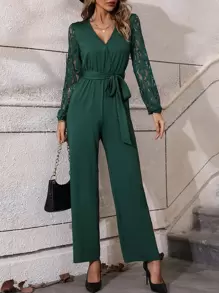 SHEIN LUNE Contrast Lace Belted Jumpsuit - Green - View 1