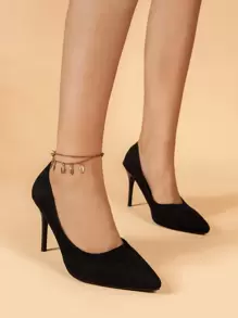 Phụ nữ Tối giản Faux Suede Dệt kim Point Toe Stiletto Gót Faux Suede Court Pumps - màu đen - Xem 3