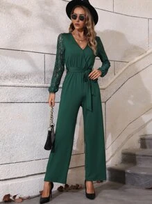 SHEIN LUNE Contrast Lace Belted Jumpsuit - Green - View 3