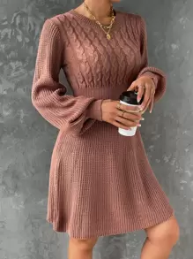 SHEIN LUNE Cable Knit Lantern Sleeve Jumper Dress - Redwood - View 3