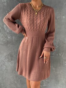 SHEIN LUNE Cable Knit Lantern Sleeve Jumper Dress - Redwood - View 4