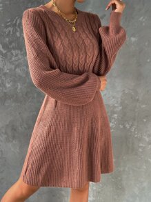 SHEIN LUNE Cable Knit Lantern Sleeve Jumper Dress - Redwood - View 5