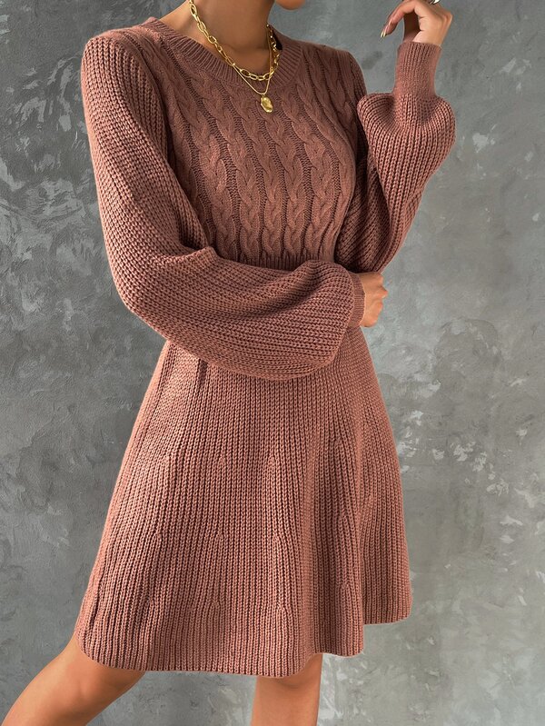 SHEIN Frenchy Cable Knit Lantern Sleeve Jumper Dress SHEIN UK