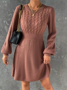 SHEIN LUNE Cable Knit Lantern Sleeve Jumper Dress - Redwood - View 6